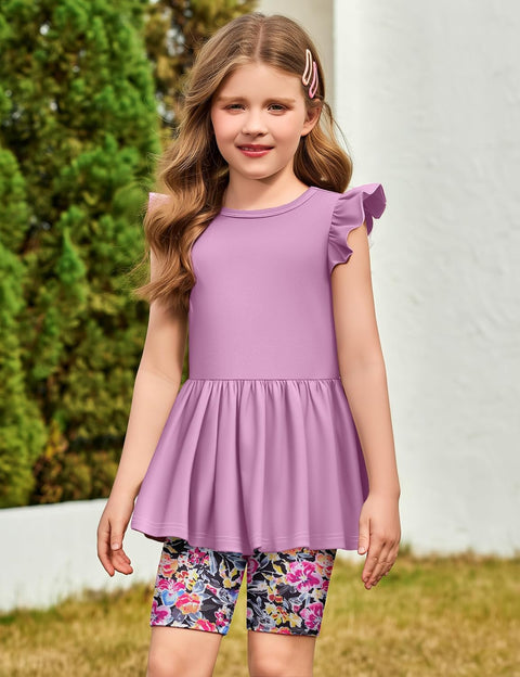 Arshiner Girls 2 Piece Outfit Ruffle Sleeve Peplum Top And Biker Shorts Set