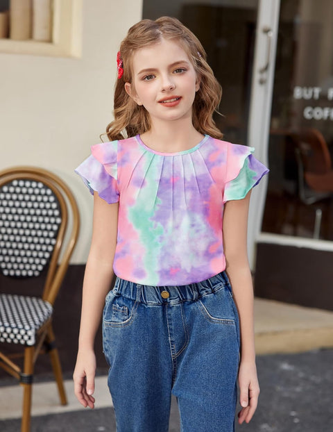 Arshiner Girls T Shirts Ruffle Short Sleeve Pleated Casual Tops
