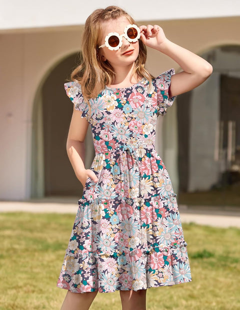 Arshiner Girl's Dress Ruffle Sleeve Tiered Dresses with Pockets 5-12 Years
