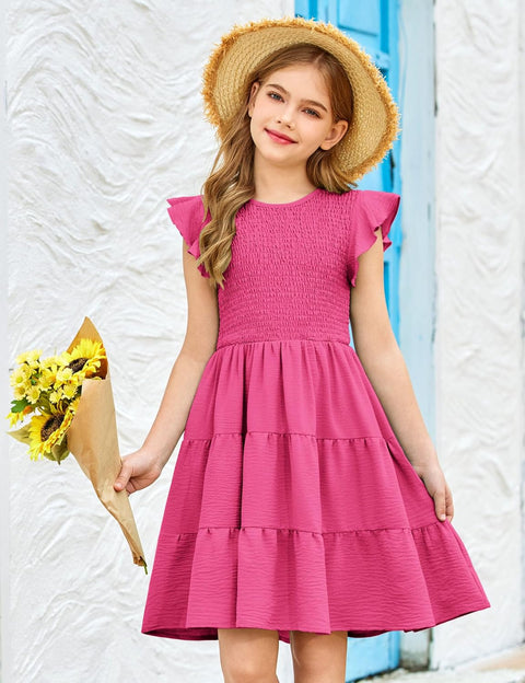 Arshiner Girls Dress Ruffle Sleeve Smocked Tiered Sundress