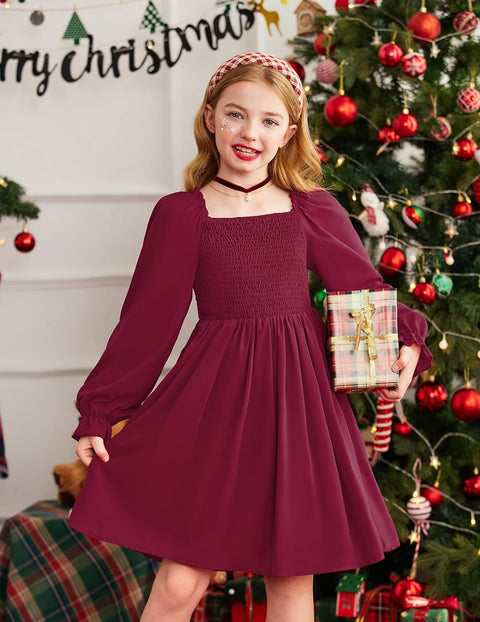 Arshiner Girls Long Sleeve Smocked Skater Elegant Dress with Pockets