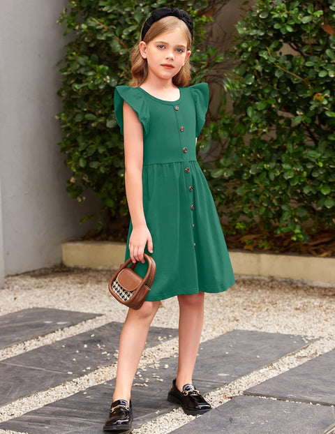 Arshiner Girls Dress Flutter Sleeve A-Line Button Down Sundress