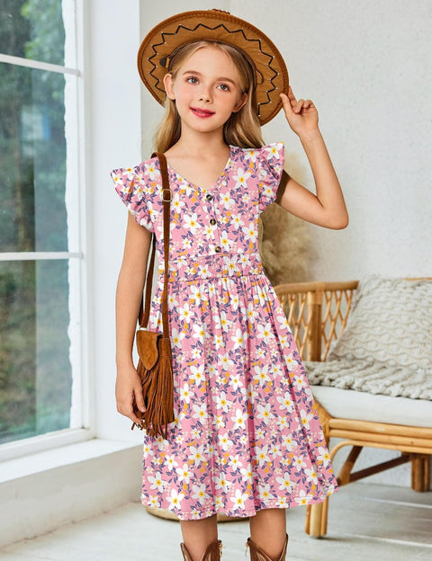 Arshiner Girls Dresses Ruffle Sleeve A-Line V-Neck Sundress