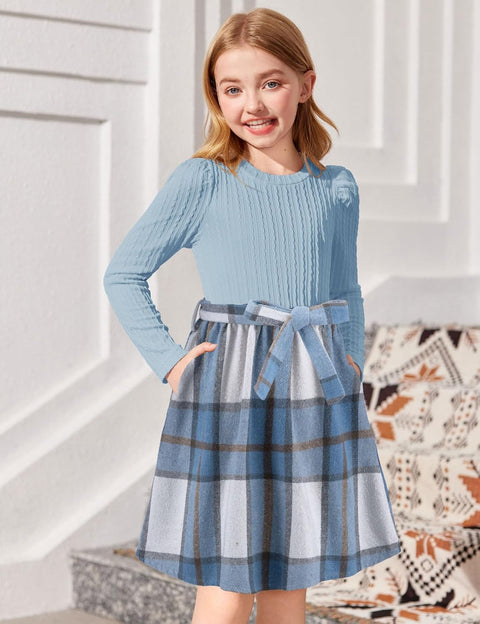 Arshiner Girls Dresses Puff Long Sleeve Rib Knit Plaid Belted Dress