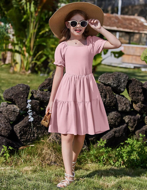 Arshiner Girls Dress Tie Back Short Sleeve Square Neck Tiered Midi Dresses