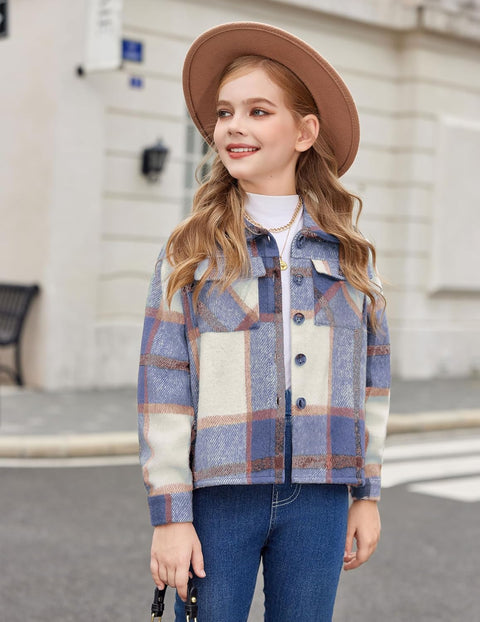 Arshiner Girls Flannel Cropped Shacket Plaid Jacket