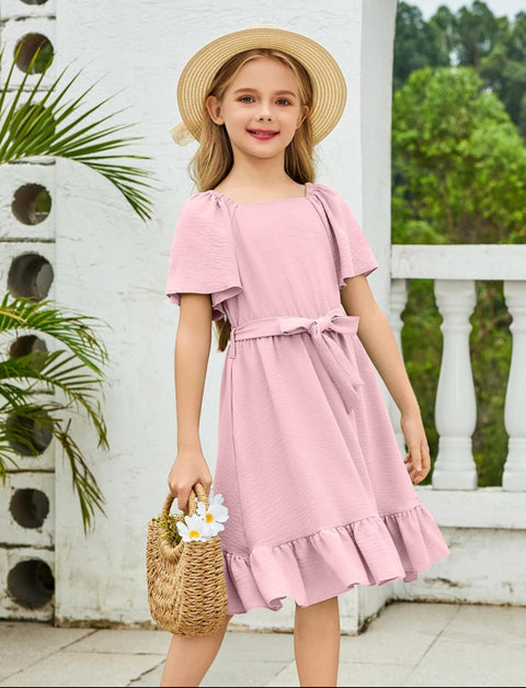 Arshiner Girls Dresses Kids Square Neck Ruffle Hem Belted Dress