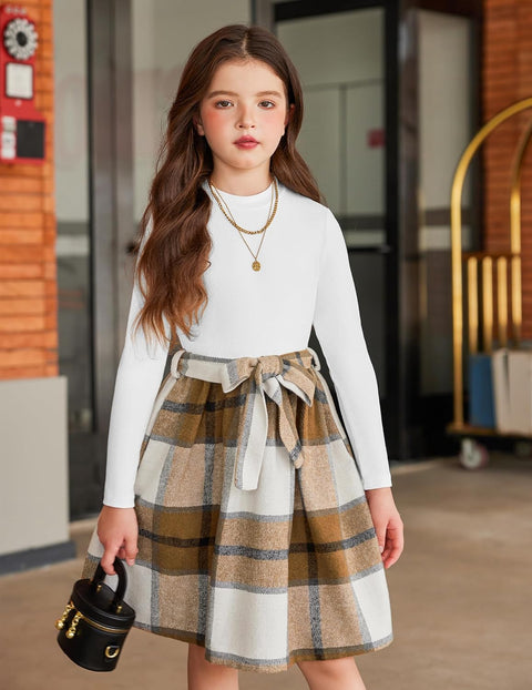 Arshiner Girls Dresses Long Sleeve Rib Knit Plaid Patchwork Belted Dress