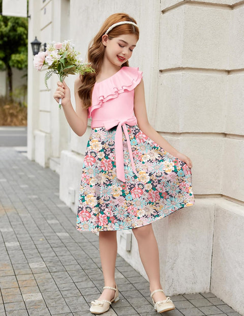[5Y-12Y] Arshiner Girls Dress One Shoulder Formal Ruffle Trim Party Dresses