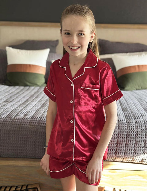 Arshiner Girls Pajamas Silk Satin Pajama Sleepwear Button Down Pj Set