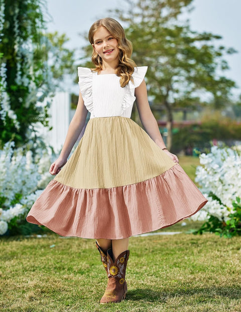 Arshiner Girls Tie Back Dress Tween Boho Flutter Sleeve Maxi Dresses