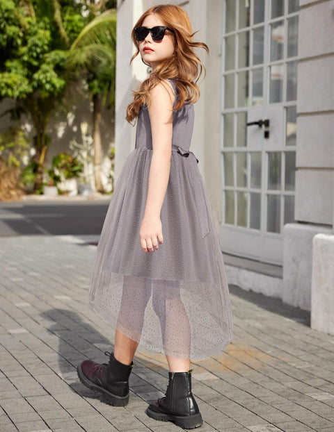 Arshiner Girls Dresses Formal Party Tulle Contrast Mesh Dress with Belt