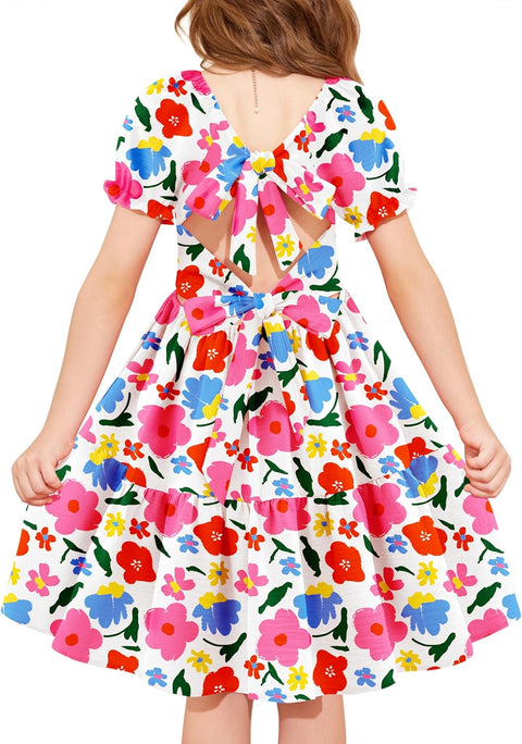 Arshiner Girls Dress Tie Back Short Sleeve Square Neck Tiered Midi Dresses