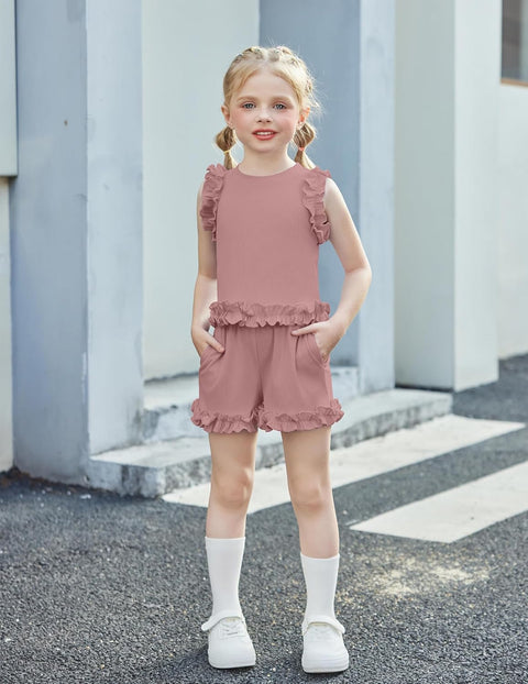 Arshiner Toddler Girls Clothes Ribbed Knit Ruffle Sleeveless Tops and Shorts with Pockets Cute Summer 2 Pieces Short Sets