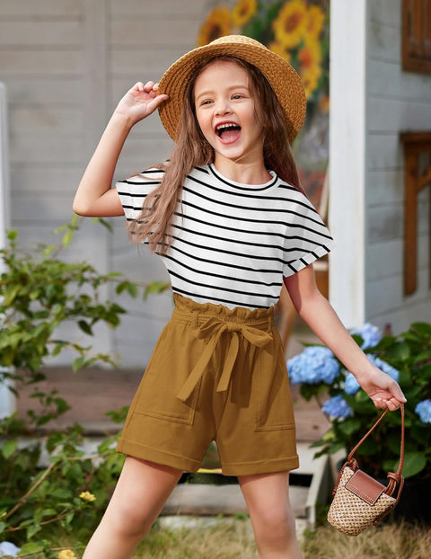 Arshiner Girls 2 Piece Outfit Summer Drop Shoulder Batwing Sleeve Tops and Paperbag Waist Shorts Set Cute Clothing Size 6-14