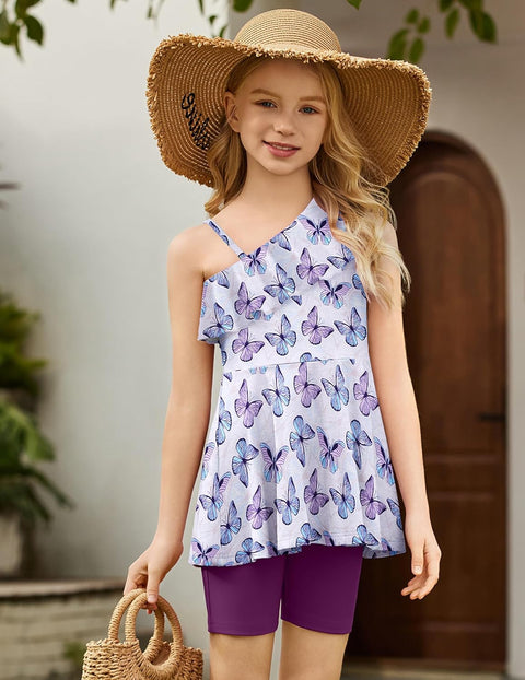 Arshiner Girls 2 Piece Outfits One Shoulder Ruffle Trim Top and Short Sets 6-14 Years