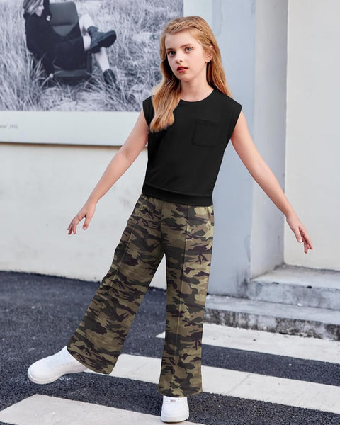 【6-14Y】Arshiner Girls 2 Piece Sets Drop Shoulder Sleeve Top and Wide Leg Pants
