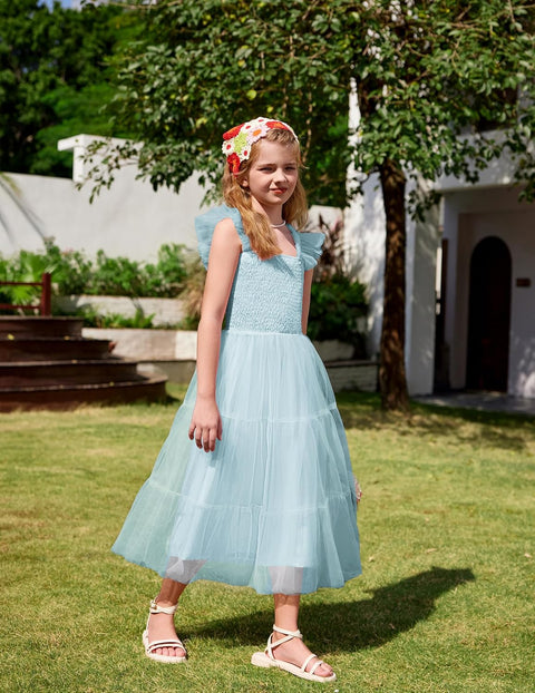 Arshiner Tween Girls Dress Ruffle Sleeve Elastic Straps Smocked Tulle Sundress