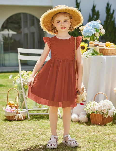 【2-8Y】Arshiner Toddler Lace Tutu Dresses Ruffle Sleeve 3 Layers Tulle Flower Dress