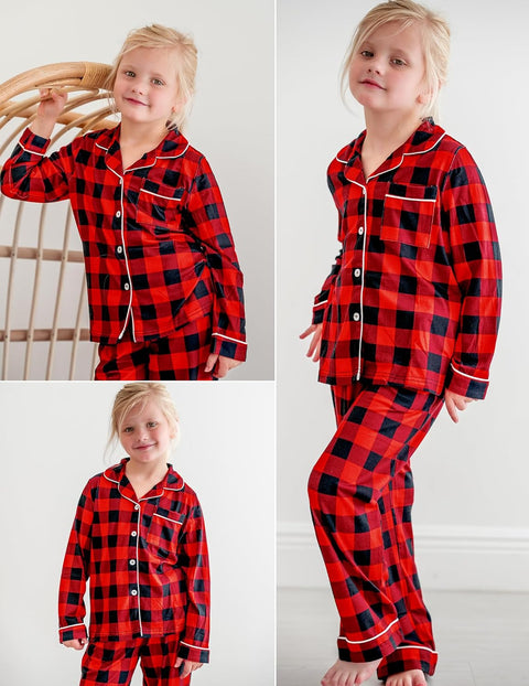 Arshiner Pajamas Set for Girls Plaid Long Sleeve Lounge Set