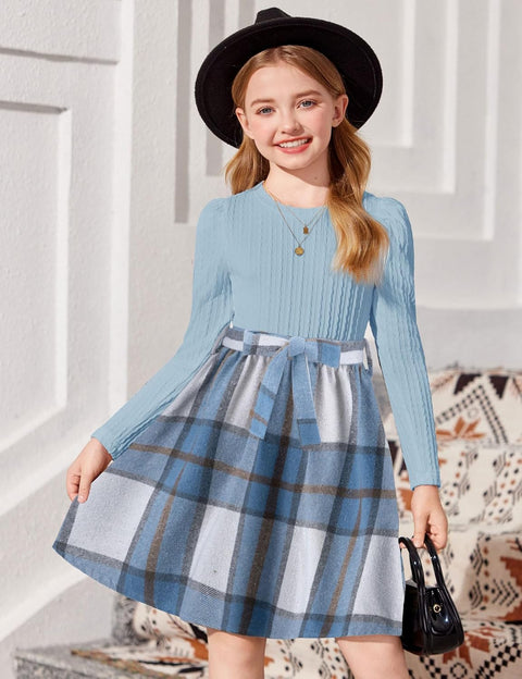 Arshiner Girls Dresses Puff Long Sleeve Rib Knit Plaid Belted Dress