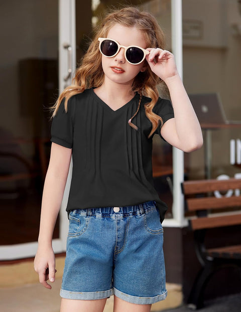 Arshiner Girls Puff Short Sleeve Shirts Pleated Tunic Top