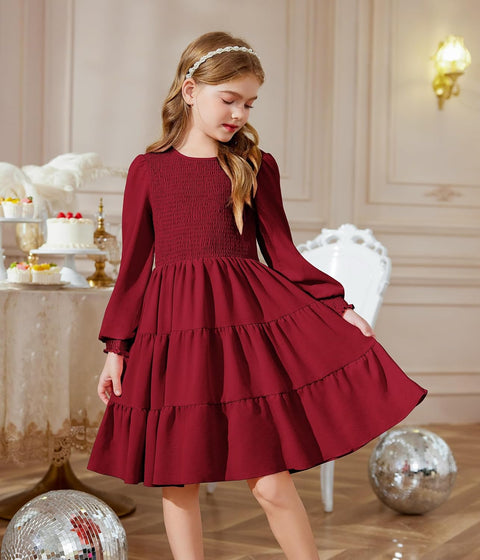 Arshiner Girls Dress Fall Boho Long Sleeve Shirred Smocked Tiered Party Dresses