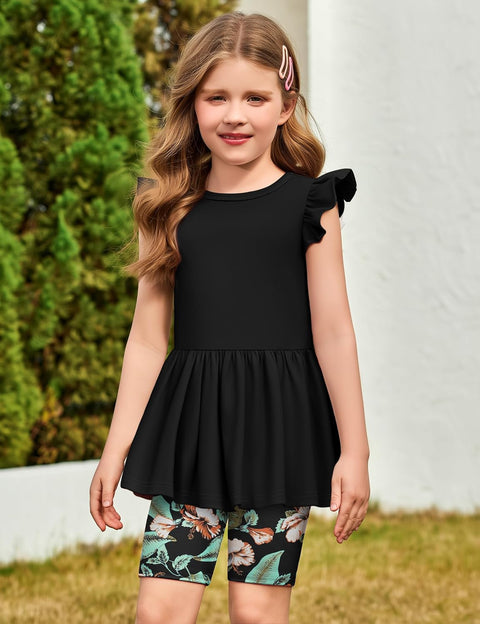 Arshiner Girls 2 Piece Outfit Ruffle Sleeve Peplum Top And Biker Shorts Set