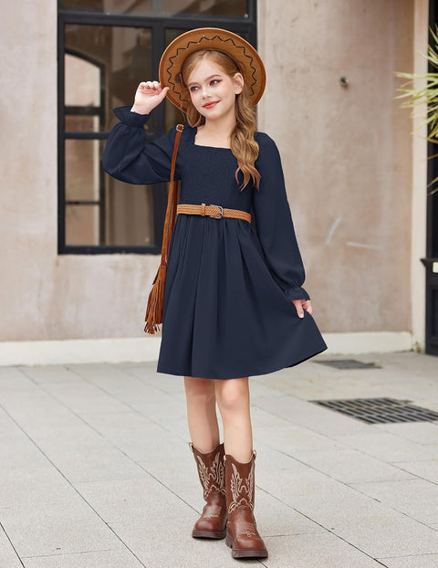 Arshiner Girls Long Sleeve Smocked Skater Elegant Dress with Pockets