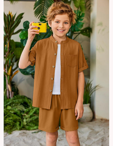 Arshiner Boy's 2 Piece Outfit Short Sleeve Textured Shirt and Short Sets