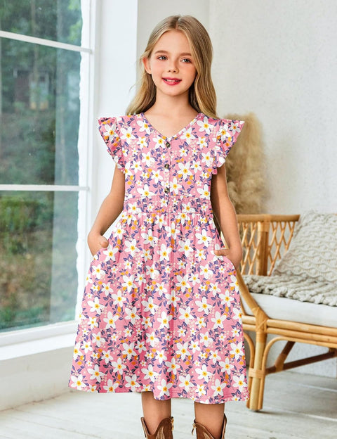 Arshiner Girls Dresses Ruffle Sleeve A-Line V-Neck Sundress