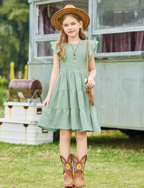 Arshiner Girls Dress Ruffle Sleeve Smocked Tiered Sundress