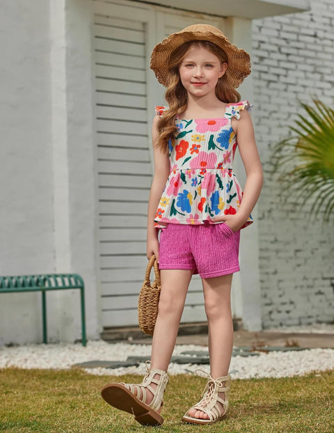 Arshiner Toddler Girl Clothes 2 Piece Summer Outfit Ruffle Sleeveless Top and Shorts Set with Pockets 2-7Y