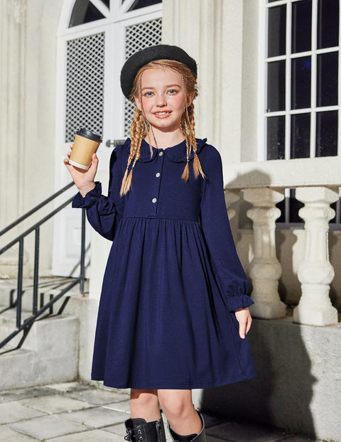 Arshiner Girls Long Sleeve Dress Ruffle Cotton Dresses