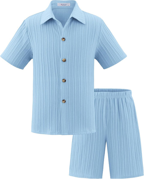 [5Y-12Y] Arshiner Boy's Textured Button Up Shirt and Shorts Set