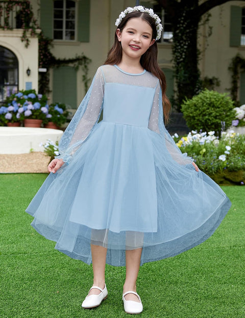 Arshiner Girls Dresses Contrast Mesh Long Sleeve Twirly Formal Dress