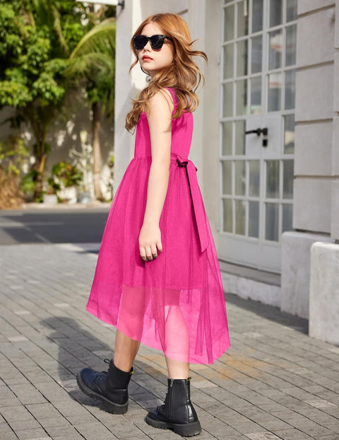 Arshiner Girls Dresses Formal Party Tulle Contrast Mesh Dress with Belt