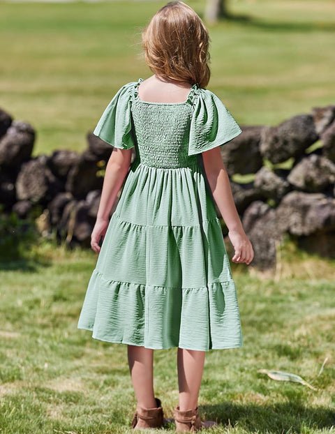 Arshiner Girls Dress Boho Smocked Swing Flowy Ruffle Midi Dresses