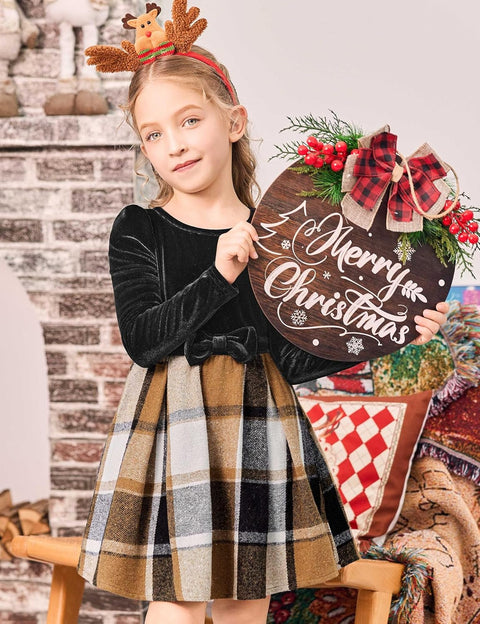 Arshiner Girls Dresses Velvet Plaid Patchwork Party Dress