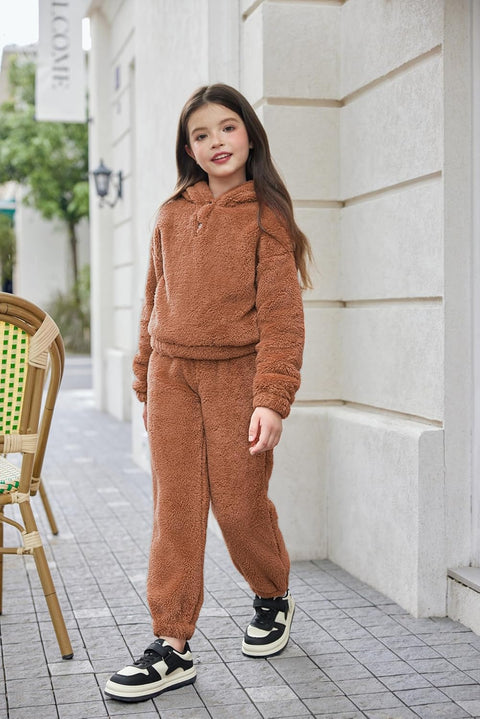 Arshiner Girls 2 Piece Outfits Fuzzy Bear Ear Hoodie Sweatshirt and Pant Sets