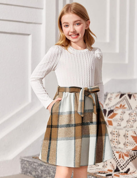 Arshiner Girls Dresses Puff Long Sleeve Rib Knit Plaid Belted Dress