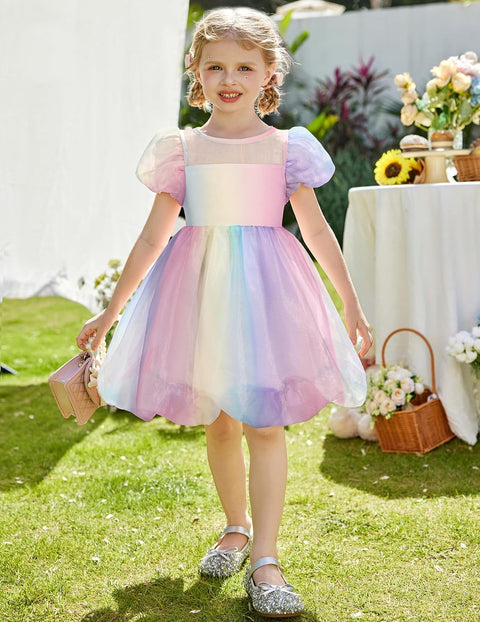 Arshiner Girls Dress Contrast Mesh Puff Flowy Bubble Hem Dresses
