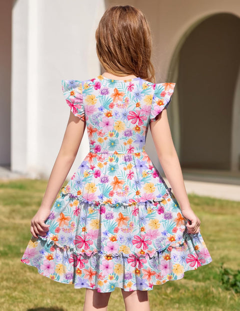 Arshiner Girl's Dress Ruffle Sleeve Tiered Dresses with Pockets 5-12 Years