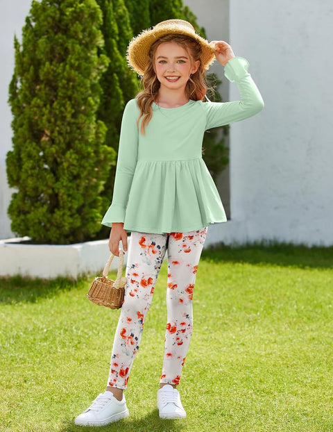Arshiner Girls 2 Piece Set Floral Ruffle Hem Bell Sleeve Top and Leggings