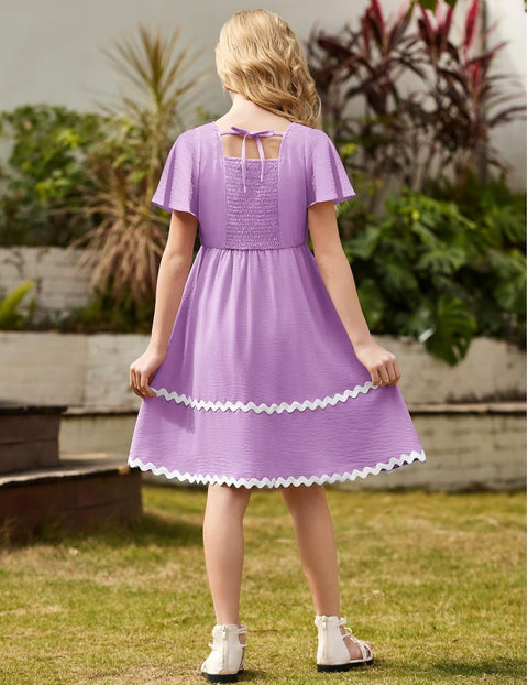 Arshiner Girls Dress Flutter RIC Rac Tiered Short Sleeve Dresses with Pockets