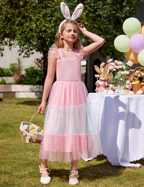 Arshiner Tween Girls Dress Ruffle Sleeve Elastic Straps Smocked Tulle Sundress