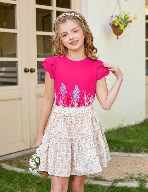 Arshiner Girls T Shirts Lace Petal Short Sleeves Kids Tops Tees