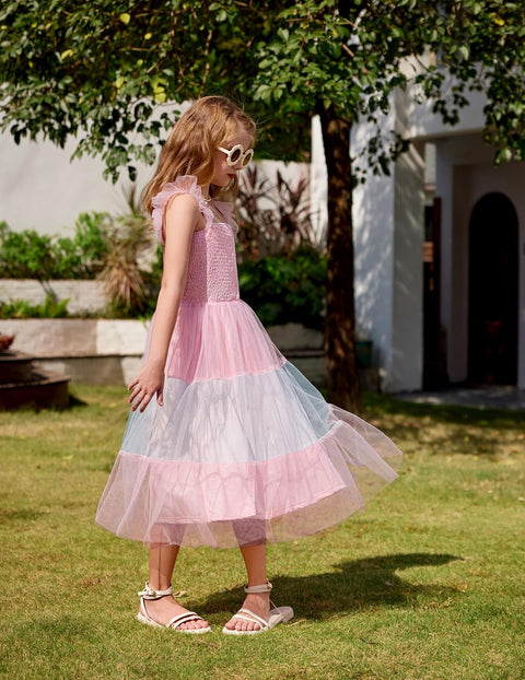 Arshiner Tween Girls Dress Ruffle Sleeve Elastic Straps Smocked Tulle Sundress