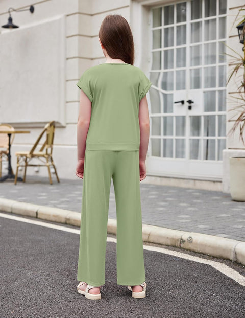 Arshiner Girls 2 Piece Outfits Twist-Front Top and Ribbed Wide Leg Pants Set