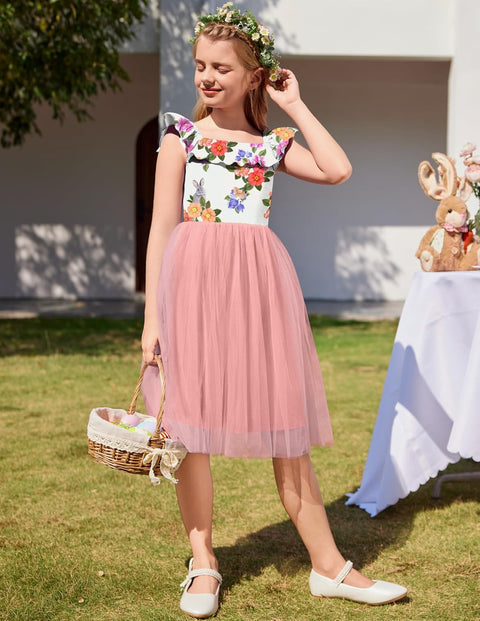 Arshiner Girls Dresses Square Neck Ruffle Sleeve Tulle Dress 6-14 Years